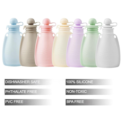 PandaEar Reusable Silicone Baby Food Pouches, 7 Pack Squeeze Pouches for Toddler Kids, BPA-Free Silicone Refillable Baby Food Storage, 5.5 oz