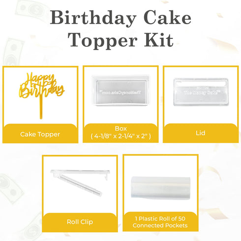 Money Cake Pull Out Kit Includes 1 Money Box, 1 Plastic Roll, 50 Transparent Bags, and Happy Birthday Cake Topper
