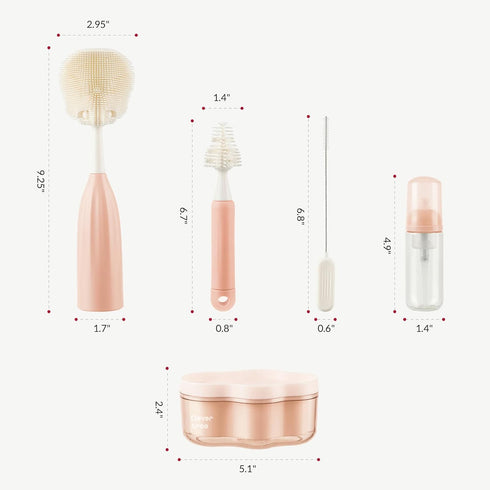 biqin Baby Bottle Brush Kit with Push-Press Bubble and Drying Rack for Bottle Cleaning, Bendable Bottle Cleaner Brush
