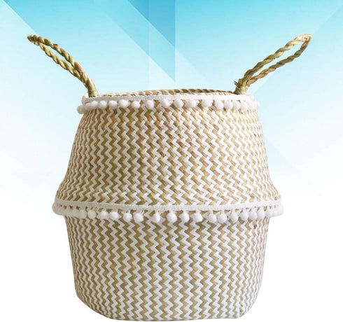 NUOBESTY Natural Round Seagrass Belly Basket with Handles for Storage, Nursery, Laundry, Picnic, and Toy Storage