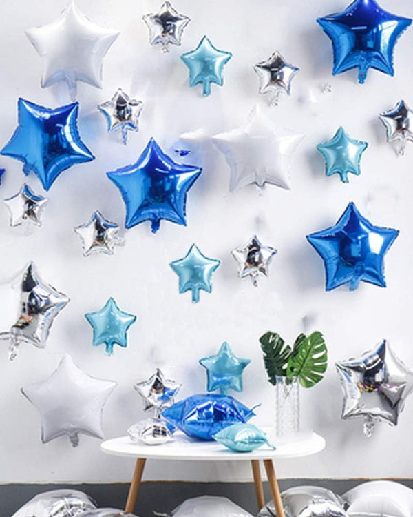 Blue Star Foil Balloons, 15pcs 18inch White Silver Blue Balloons and 10PCS 10inch Silver Light Blue Mylar Balloons