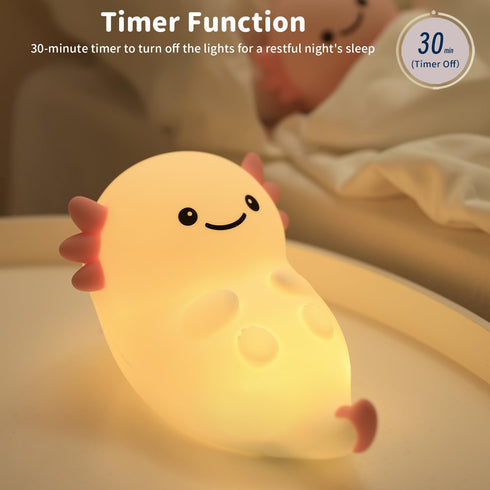 Myratts Dimmable Cute Axolotl Night Light, Nursery Lamps, Super Squishy Silicone Timer USB Rechargeable Touch Control