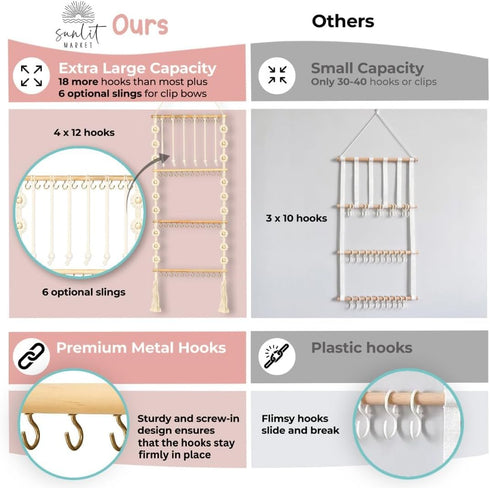 Headband Holder - Macrame Bow Organizer for Baby Girl with 48 Metal Hooks, 6 Slings & Wooden Bead