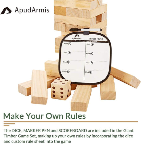 ApudArmis Giant Tumble Tower, 54 PCS Pine Wooden Stacking Timber Game with 1 Dice Set