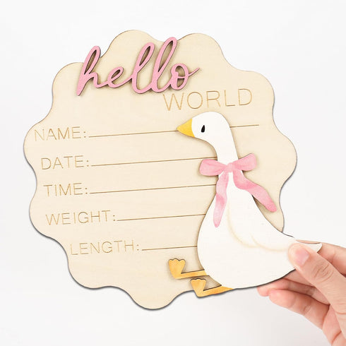 FYSUIMU Silly Goose Birth Announcement Sign Pink Bow Goose Newborn Milestone Wooden Board Hello World Newborn Sign