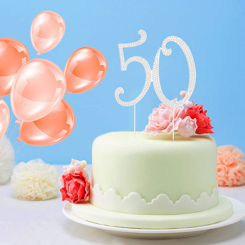 50 Cake Topper 50th Anniversary Birthday Wedding Diamond Cake Decoration for Women, Silver
