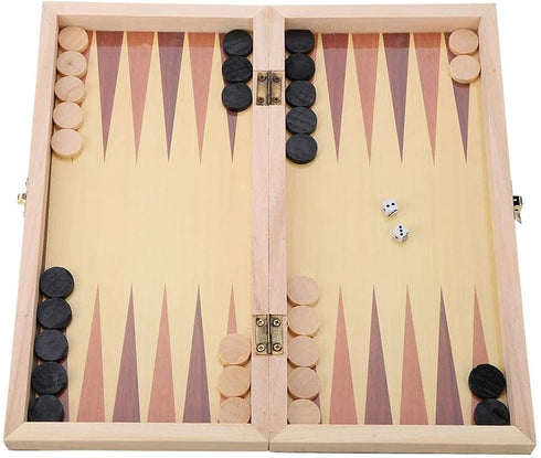 Wooden 3-in-1 Folding Board Game Toy, Chess & Checkers & Backgammon, Portable Travel Tabletop Game