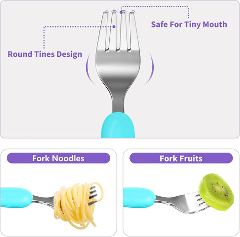 Lehoo Castle Toddler Fork and Spoon Set, 6pcs Safety Stainless Steel Utensils, Light Purple & Blue for Kids