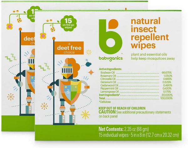 Babyganics DEET Free Travel Size Insect Repellant Wipes | 30 Wipes (2