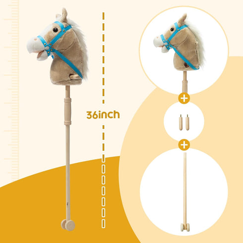 36 Inches(AA HollyHOME Stick Horse Plush Handcrafted Hobby Horse on a Stick with Wood Wheels Real Pony Neighing