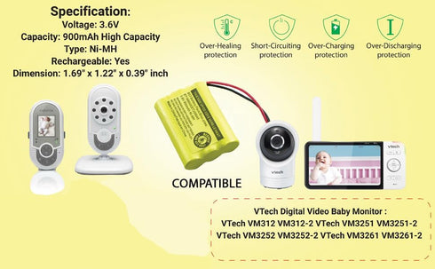 900mAh Rechargeable Battery Replacement for VTech Video Baby Monitor Models BT207695, VM312, VM3251, VM3252