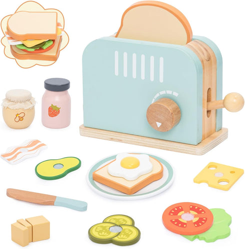 Wooden Pop up Toaster Play Kitchen Set, 17PCS Play Food Accessories for