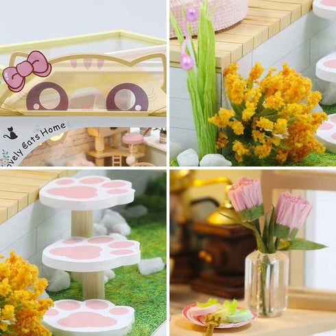 WonDerfulC Cat Cafe Wooden Miniature Dollhouse Kit DIY Pet Coffee Shop Model with Furniture, LED Light, Music Box (No