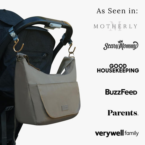 Huhu Essential Stroller Hooks - Lightweight Aluminum Stroller Bag Hook with Adjustable Straps, Matte Gold S-Hooks