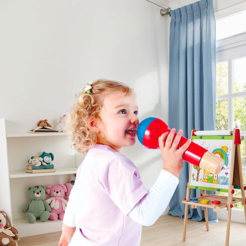 Hape Mighty Echo Microphone | Battery-Free Voice Amplifying Microphone Toy for Kids 1 Year & Up, Red, Model Number: E0337, L: 3.1, W: 3.1, H: 8.6 inch
