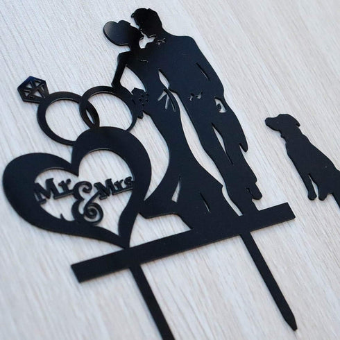 Wedding Couple Kiss Mr&Mrs Heart Diamond Ring Cake Topper – Bride and Groom with Dog Silhouette Cake Topper, Black