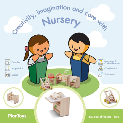PlanToys Nursery - Wooden Dollhouse Accessories Featuring Baby Figure, Stroller, and Furniture Pieces