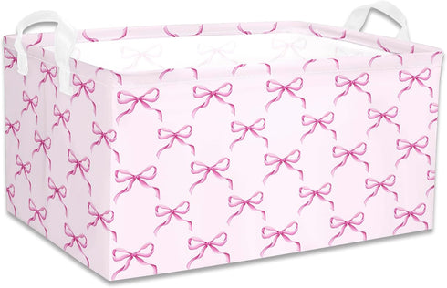 BBSET 3 Pcs Pink Bow Storage Basket, Coquette Girls Rectangle Storage Bins Box with Handles, Bows and Chery Shelf