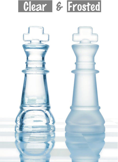 Gamie 14 Inch Glass Chess Set for 2 Players - Elegant Design - 32 Frosted and Clear Pieces - Durable Build