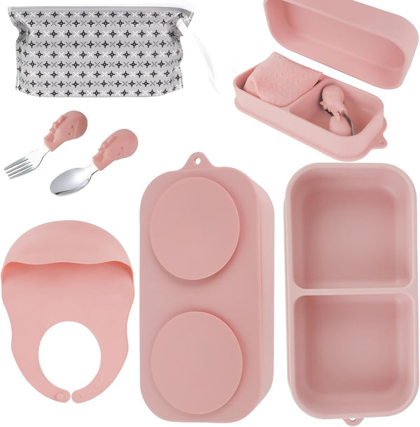 Travel Silicone Baby Feeding Set with 316 Stainless Steel Spoon & Fork