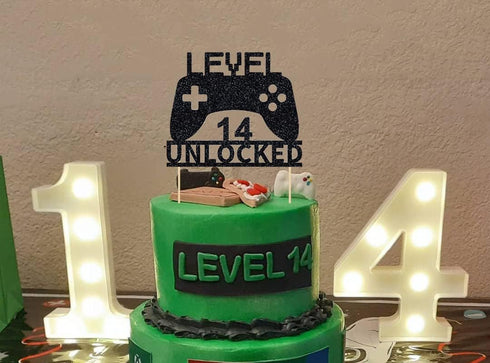 Level 14 Unlocked Cake Topper, Video Game Cake Topper, Game Controller for 14th Birthday Party Decoration