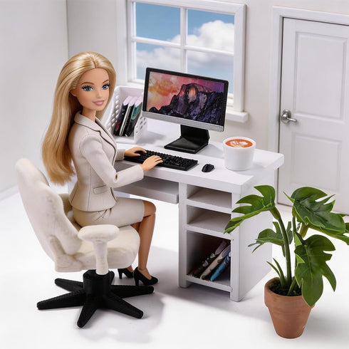 1:12 Set 14pcs DIYDEC Scale Miniatures Office Desk Dollhouse Office Including Mini Computers Desks Office Chair