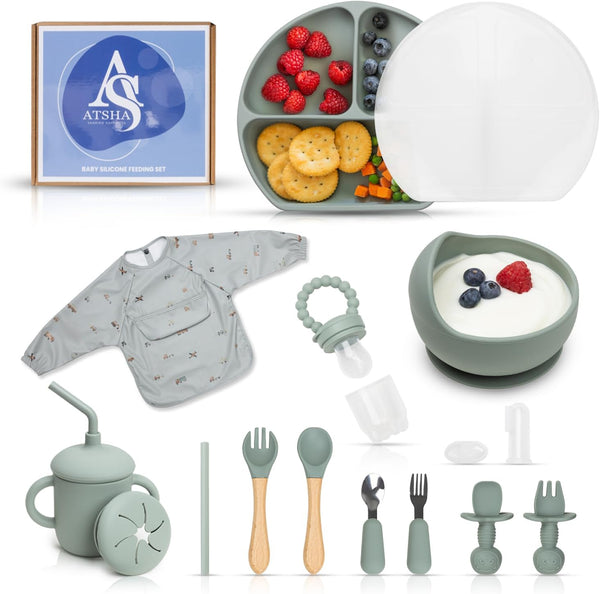 ATSHA Silicone Baby Feeding Set - 19 Pcs Baby Led Weaning Supplies, Suction