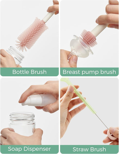 Momcozy 7-in-1 Baby Bottle Cleaner Kit with Silicone, Nipple & Straw Brushes, Soap Dispenser and Drying Rack - Portable