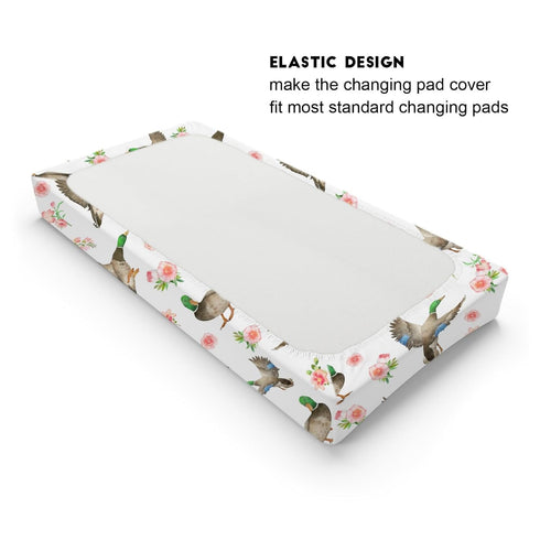 Hunting Wild Duck Boho Floral Baby Changing Pad Cover for Boy Girl, 32''x16'' Unisex Fitted Diaper Sheets