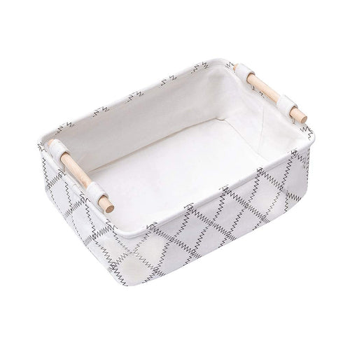 Decorative Collapsible Rectangular Fabric Storage Bin Organizer Basket - 15.4x10.6x5.1 inch, White with Wooden Handles