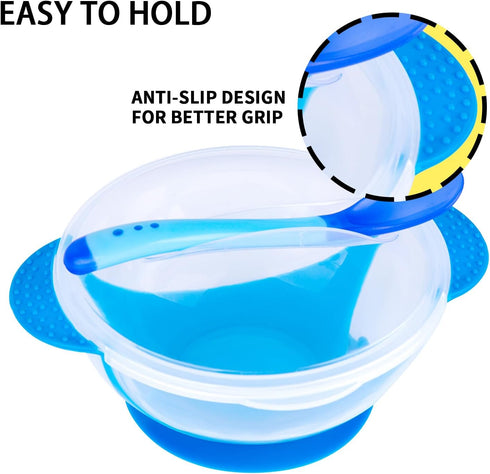Berry President Baby Bowls with Suction Base, Spill-Proof Lid, Temperature-Sensing Spoon, Pack of 3 for Toddlers