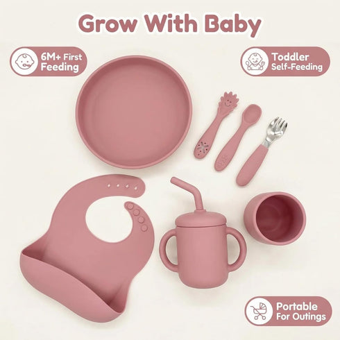 Set 6+ 9pcs Silicone Baby Feeding BPA-Free Food Grade Silicone, Suction Plate, Bib, Training Cup & Utensils for Baby