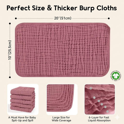 Jeans Squad 6 Pack 100% 20''x10'' 6-Layer Organic Cotton Muslin Burp Cloths Cotton Muslin Cloths Large Extra Soft