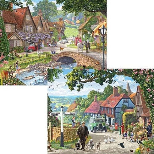 Bits and Pieces 4-in-1 Multi-Pack 500 Piece Jigsaw Puzzles for Adults - Village Life by Artist Steve Crisp, 16" x 20"