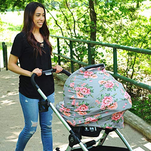 Breastfeeding Cover - Car Seat Cover with Bonus Strap Covers - Kiddo Kind Gray Floral
