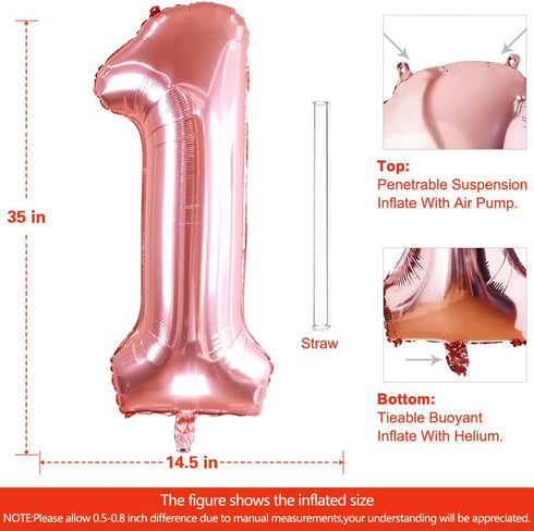 40 Inch Large Rose Gold Number 1 Balloon, Jumbo Mylar Foil Helium Balloons for Birthday Party Decorations