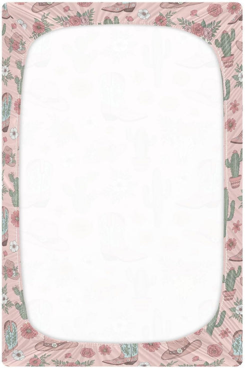 Sinestour Cowgirl Western Cowboy Pink Baby Crib Sheet Soft and Breathable Crib Mattress Protector for Standard Playard