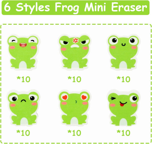 60PCS Mini Frog Eraser Bulk, Assorted Cartoon Frogs Animal Pencil Erasers for Kids, School Carnival Rewards, Gift Bag