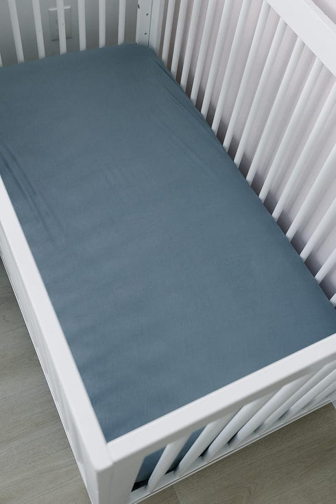 Dusty Blue Crib Stretch Sheet by Mebie Baby, Soft and Breathable Bed Sheets for Babies, Modern Neutral Bedding