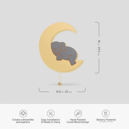Lumipets Lighted Elephant on Moon, Nursery Night Light, Wall Mounted Lighted, Battery Operated Cloud Light