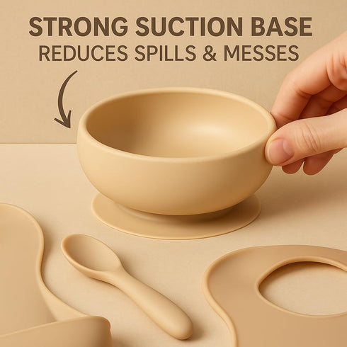 Generic Set, Baby Feeding Silicone Suction Bowl, Spoon, Cup and Bib, BPA-Free Baby Essentials (Beige)