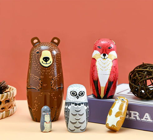 Kakeah Set 5 Nesting Dolls-Brown Cartoon Owl Bear Fox Raccoon Russian Nesting Dolls Wooden Matryoshka Doll Handmade
