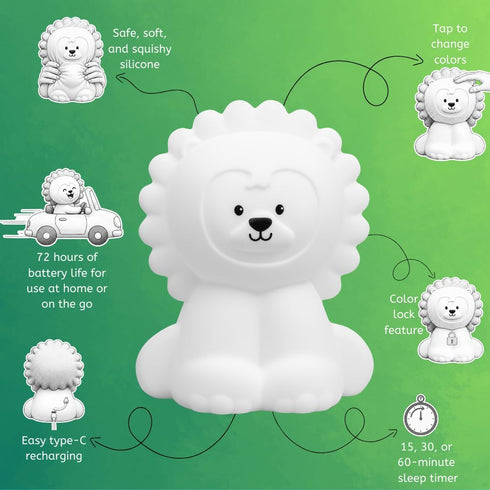 9 Lumipets Remote Control Silicone Night Light for Kids - Lion Design with Soft Colors & Sleep Timer - Rechargeable