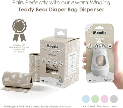 15 Moodie Teddy Bear Dispenser | Diaper Trash Bags on the Go Dispenser w/Silicon Strap | UNSCENTED Baby Poop Bags per