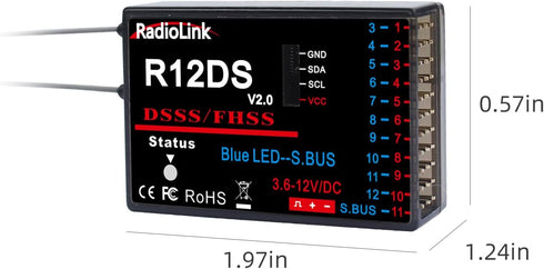 R12DS 2.4GHz 12 AT10II/AT10/AT9S Pro/AT9S/AT9 Radiolink RC Receiver Channels SBUS/PWM Long Range Control for Airplane