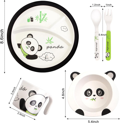 Bamboo Toddler Dinnerware Set,5Pcs Baby Plates and Bowls,Kids Dinnerware Set,Bamboo Kids Plates and Bowls Set,Christmas Kids Dishes Dinnerware Sets with Plate,Bowl,Cup,Fork and Spoon (Panda) by Qshare