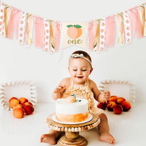 Derzhssg 1st Peach Theme Baby Birthday Banner - High Chair Banner, Sweet Peach Birthday Decorations, Crush Cake Photo