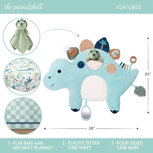 4 Tummy The Peanutshell Piece Nursery Bundle: Crib Sheet & Dinosaur Baby Time Mat & Nursery Decor & Dino Plush Security
