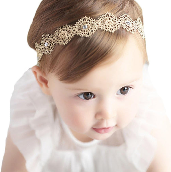 DANMY Baby Girl Super Elastic Headband, Cotton Lace Toddler Hair Band, Gold, 1pcs