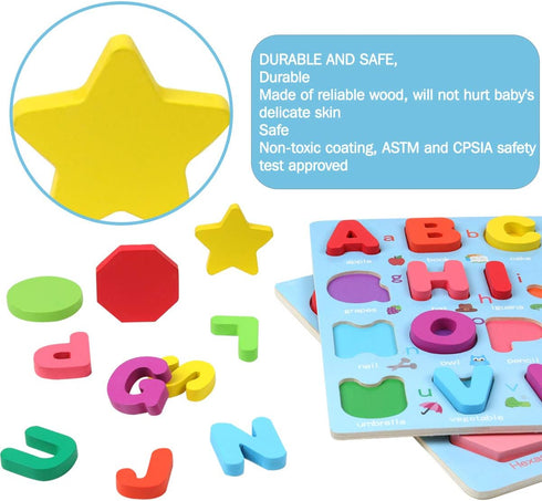 Alphabet and Number Puzzle Set, Wooden Upper Case Letter and Shape Learning Puzzles for 3-5 Year Olds